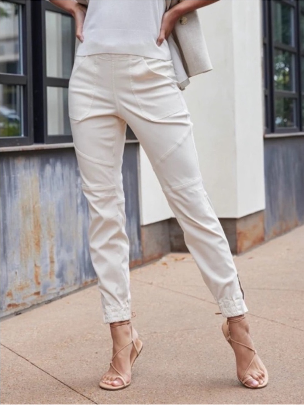 SPANX Twill Cargo Women’s Stretch Ankle Pants in Parchment Cream white